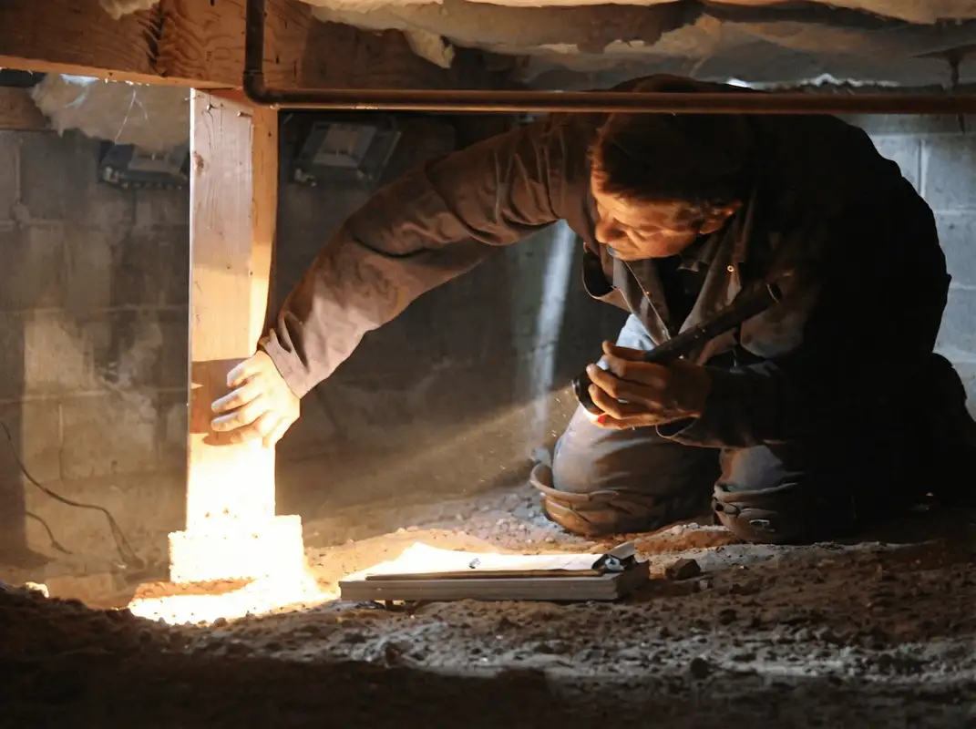 A professional inspecting wooden beams under the floor of a structure in Bakersfield, CA