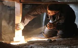 A professional inspecting wooden beams under the floor of a structure in Bakersfield, CA